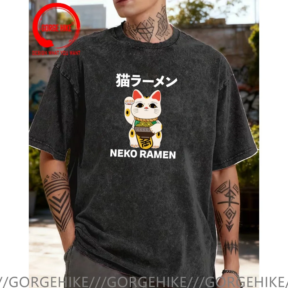 

Vintage Washed Cotton T-Shirt Funny Designer Japanese Lucky Cat T Shirt Men Fashion Trendy Casual Clothing Stylish Tops Tees