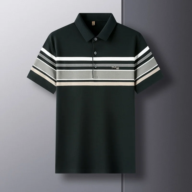 High end striped embroidered breathable cotton short sleeve POLO shirt men\'s 2024 summer new ice silk casual business T-shirt