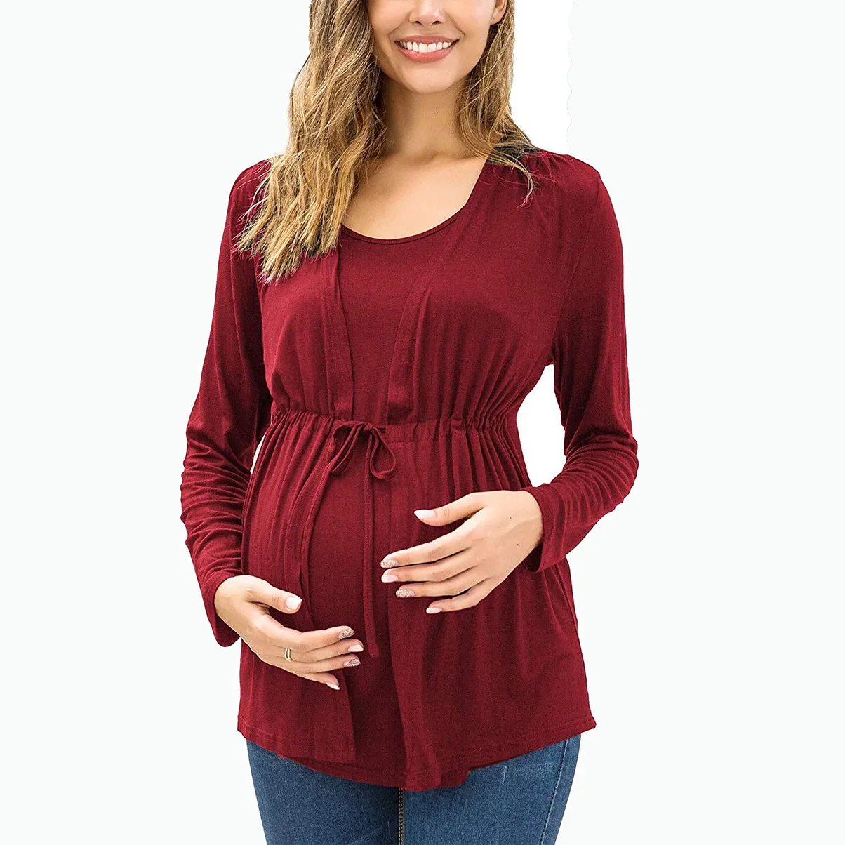 Maternity Long Sleeve Top for Fall & Winter – Mock Layered Crew Neck with Adjustable Front Tie, Discreet Nursing Access