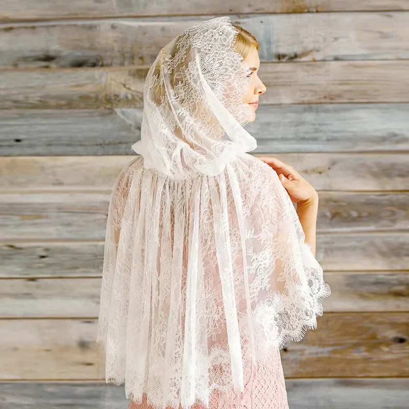 White Lace Veil Hood Cloak for Women Bridal Short Cape