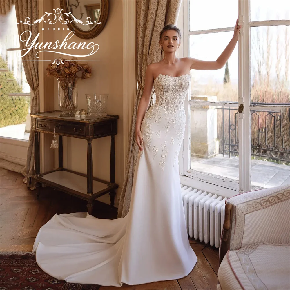 

YunShang Customized Sweetheart Strapless Mermaid Wedding Dress Backless Lace Embroidery Appliques Sweep Train Flower Elegant New