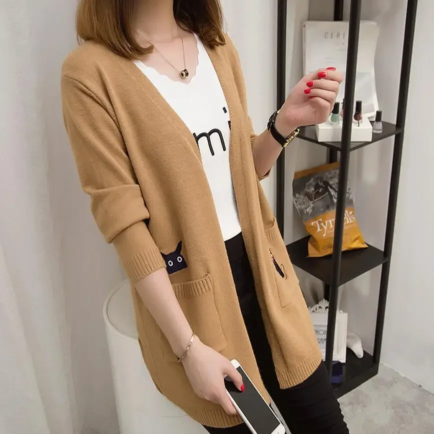 2018 new autumn winter long knited woman sweater female casual cute cat loose ladies fashion warm cardigan comfortable jumper