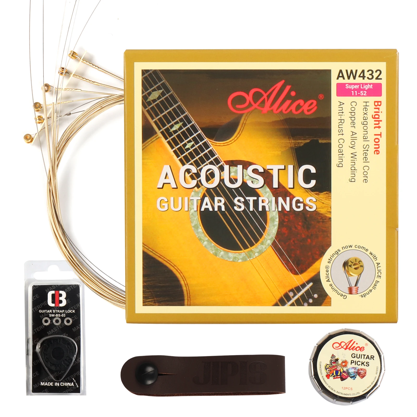 21 PCS Guitar Accessories Set Include 6 Acoustic Guitar Strings,12 Alice Guitar Picks,1 Guitar Neck Strap,2 Guitar Locks