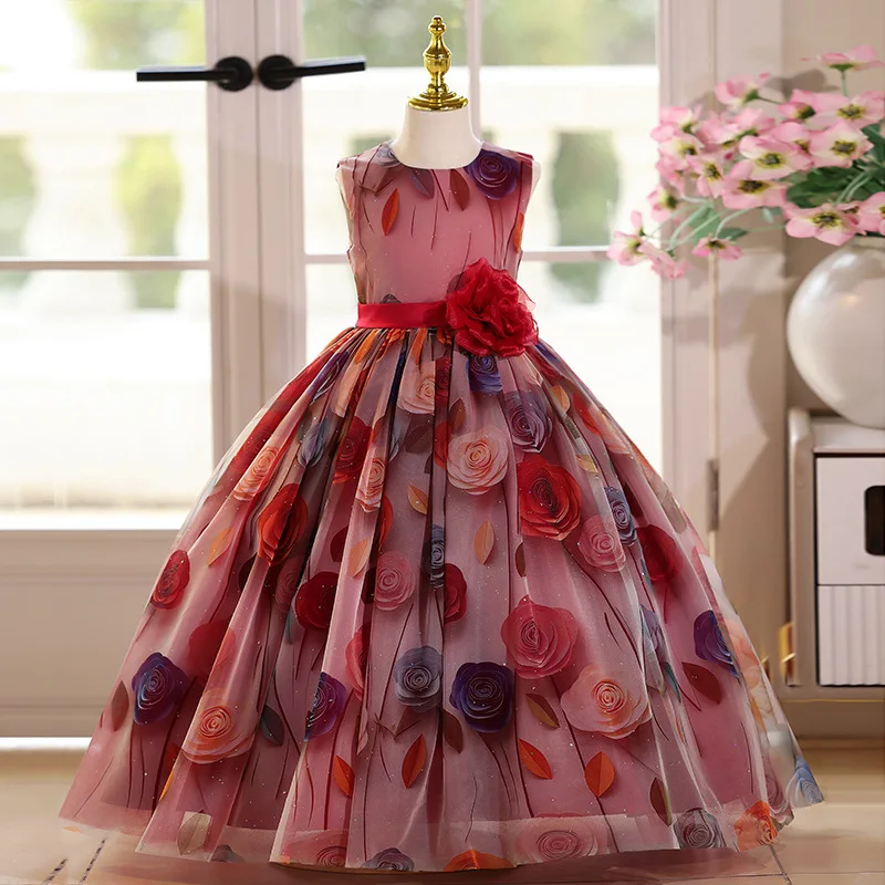 

Flower Girls Sleeveless Floral Tulle Princess Dress For Teens Ceremony Birthday Kids Formal Evening Party Pageant Prom Long Gown