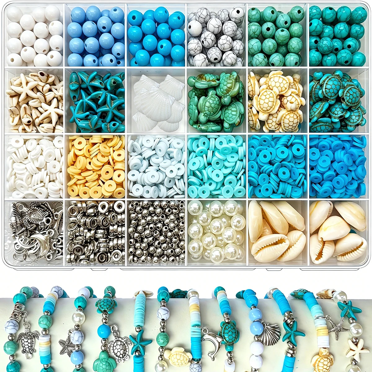 1860 Pieces Ocean-Themed Bead Set, Blue and White Summer Round Beads, Artificial Turtle and Starfish Shell-Shaped Resin Beads, DIY Beach-Style Bracelet and Earring Jewelry Accessories