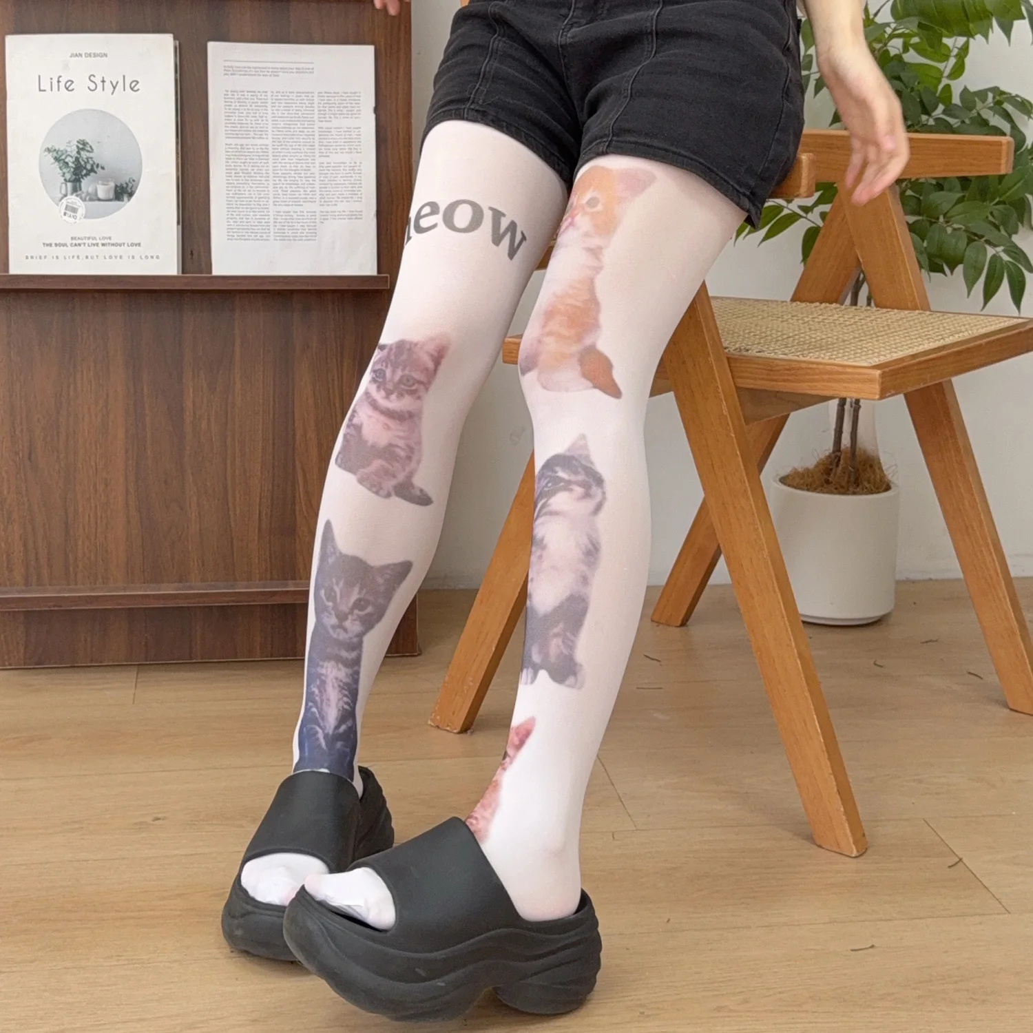 

New Retro Cat Print Pantyhose Female Cosplay Cute Stockings Fashionable Street Emo Girls Y2K Style Stockings