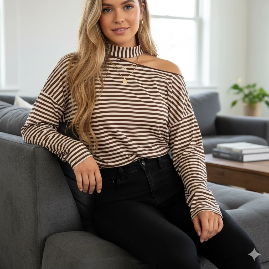 Camisas Vintage de colección a rayas con hombros descubiertos, ropa de otoño Y2K de manga larga de calidad cómoda con retazos, sudaderas con capucha para Mujer