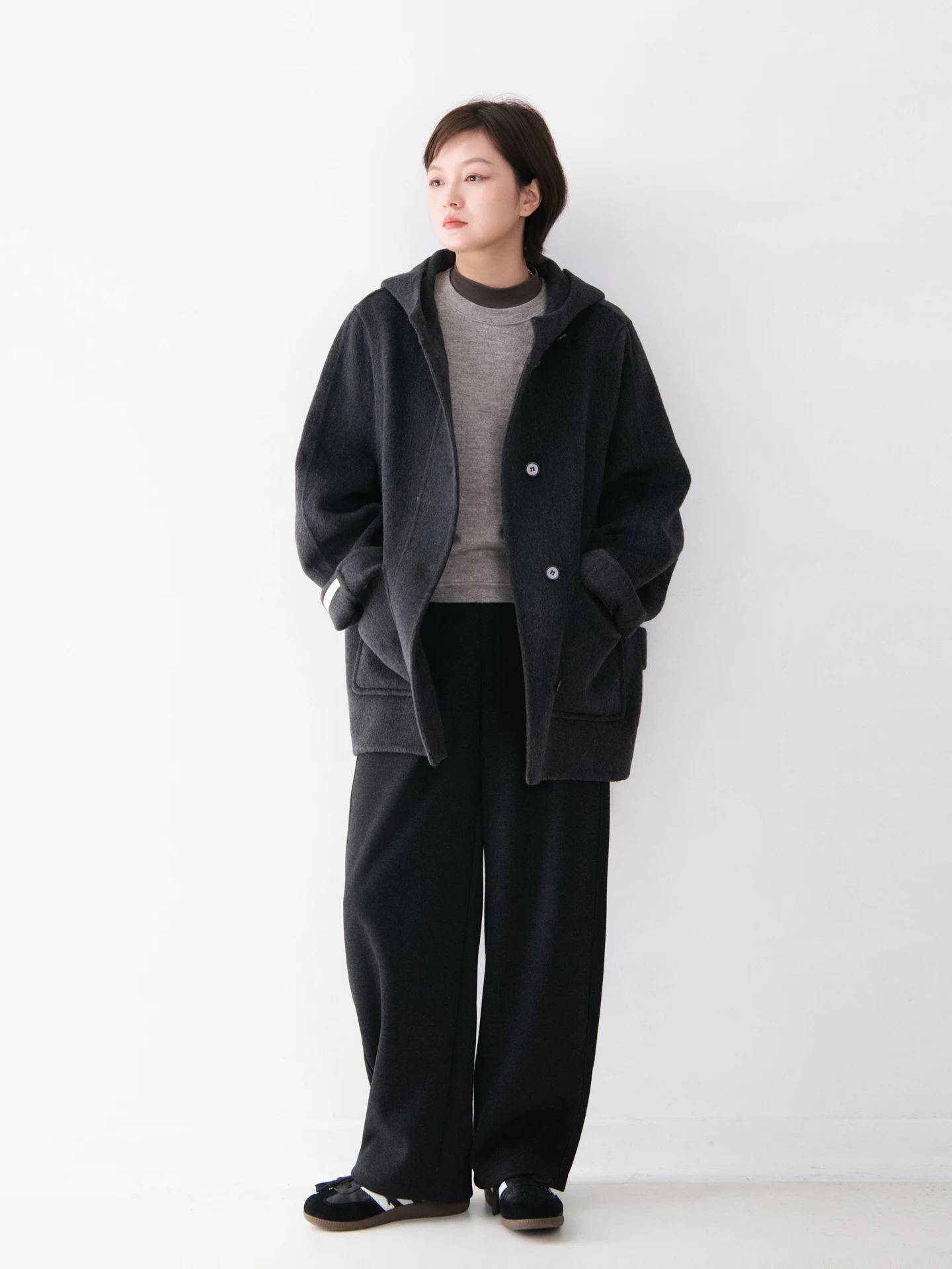 

Handmade Woolen Coat with Hat Double-Sided Large ket Pure Color Loose Fit Women's Winter Outerwear Ele Coat