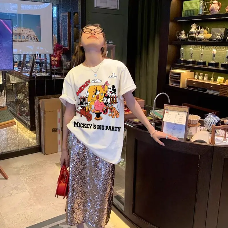 

Футболка с Микки Маусом Disney, женские хлопковые топы с короткими рукавами, лето 2025 года, футболки с рисунком, белая основа, Микки, большой вечерние текст, красный Микки