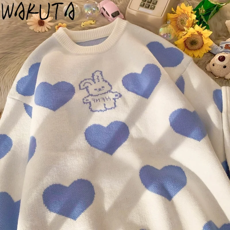 WAKUTA Ins Cute Rabbit Heart Sweaters Women Autumn Winter 2024 Sweet Loose Pink Blue O Neck Knitted Pullovers Korean Fashion