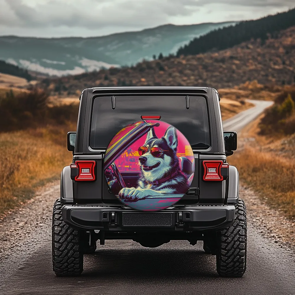 

Retro Husky Dog Driving Tire Cover Waterproof Polyester Spare Wheel Protector for SUV