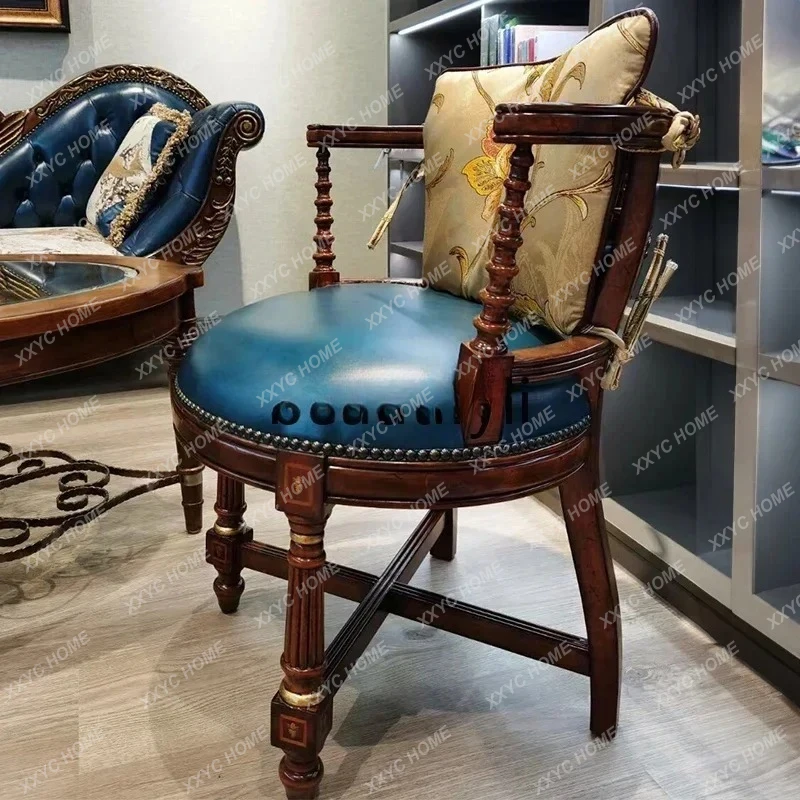 A  American all-solid wood leather sofa retro art style comfortable soft bag casual sofa chair