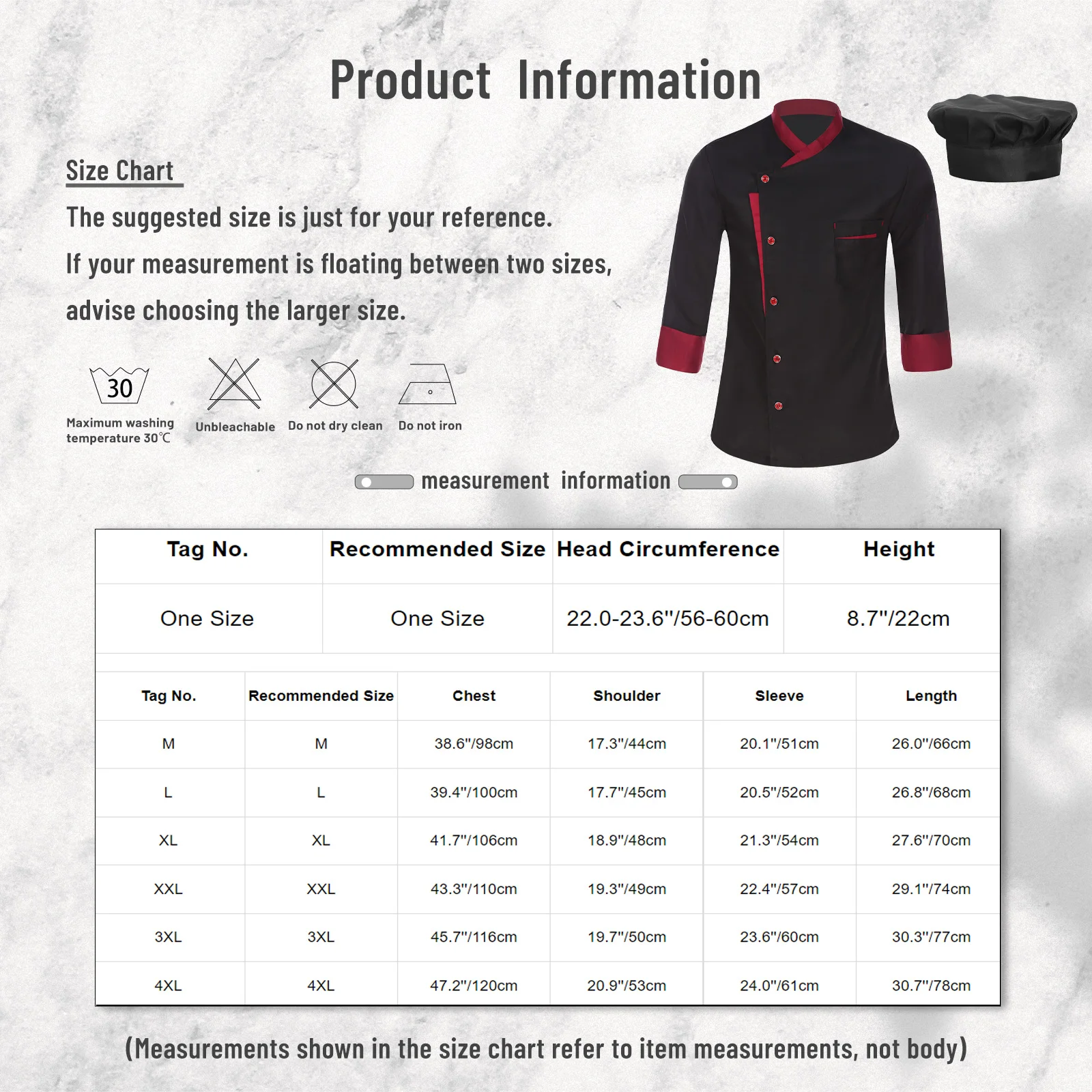 ユニセックス メンズ レディース シェフジャケット 長袖 コントラストカラー コート レストラン キッチン 調理アパレル 作業服 制服 帽子付き