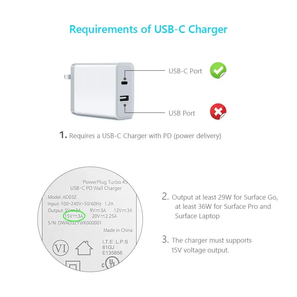 FULL-Nylon Braided USB-C Charging Cable For Surface Pro 6/5/4/3 Surface Laptop 1.5 M 45W 15V PD Power Supply Cable