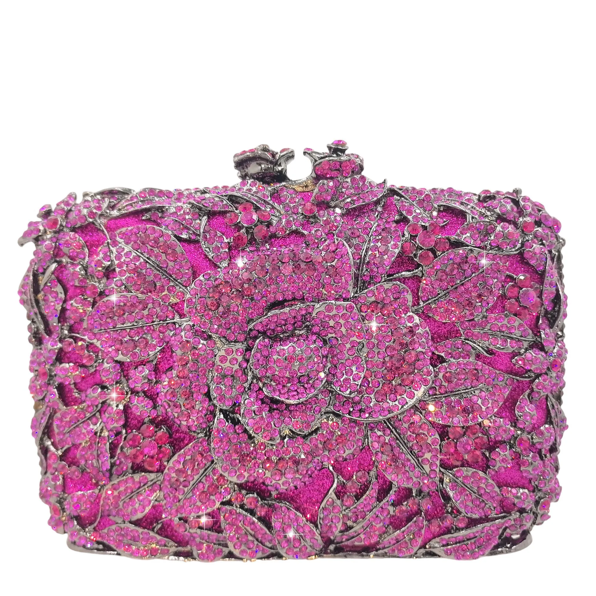 Boutique De FGG Sparkly Flower Rhinestone Clutch Purses for Women, Fuchsia Evening Clutch Bags, Wedding Party Crystal Handbags