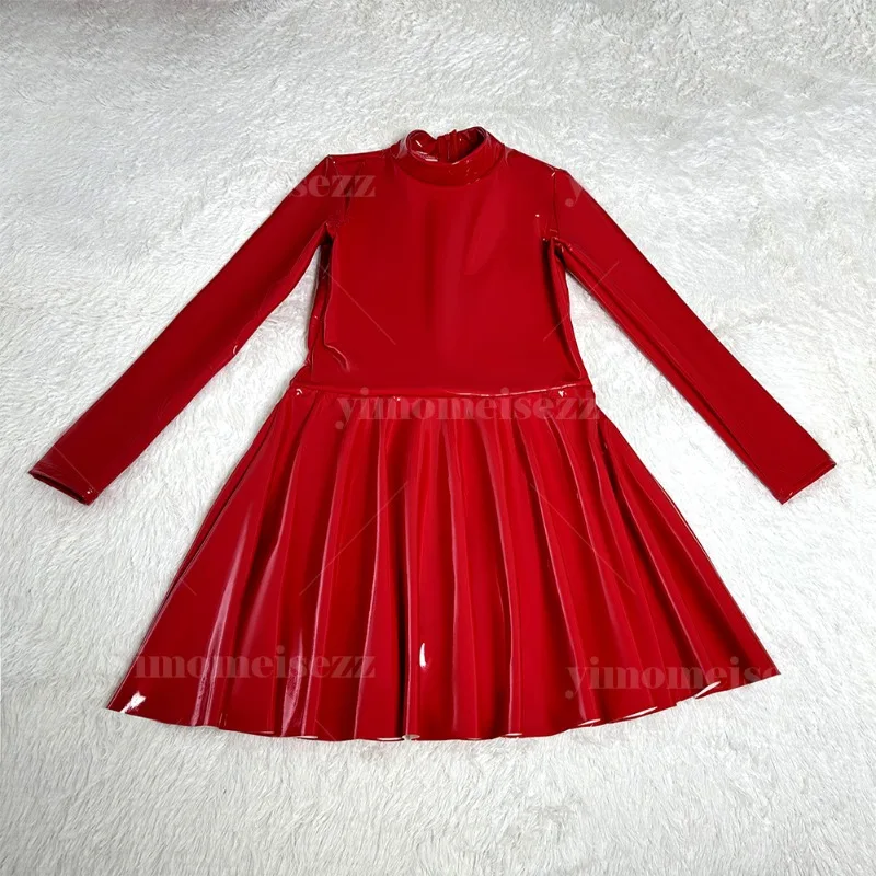 Aangepaste jumpsuit Latin prestatie-outfit Gespiegelde vierzijdige elastische latex + gekleurde verf Hoge hals jurk met lange mouwen 53