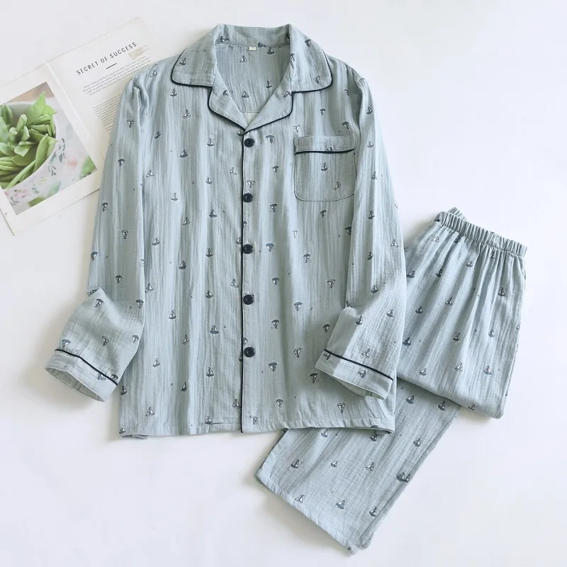 طقم بيجامة رجالي من القطن 100% بأكمام طويلة يسمح بالتهوية ملابس نوم بأزرار سفلية مع ملابس منزلية ناعمة مطبوعة بحري