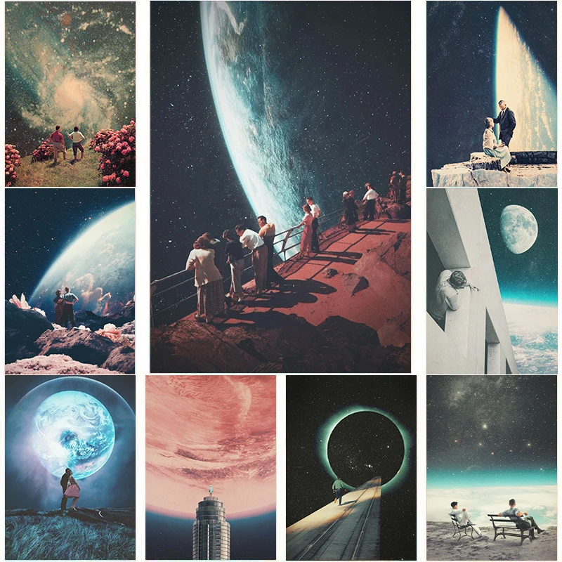 Vinatge Space Collage Night Sky Posters Canvas Painting Galaxy Moon Surrealism Wall Art Picture For Living Room Home Decoration