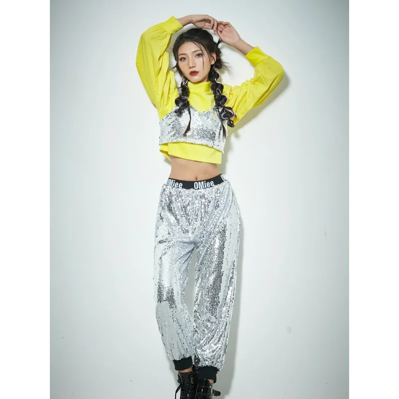Giacca corta da ballo jazz di marca trendy Street Dance per ragazze in stile asiatico-americano, con paillettes per spettacoli.