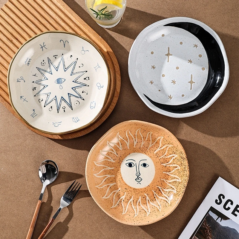 

Handmade Stoneware Dinner Plate Hand-Painted Bohemian Star Moon Pattern Underglaze Ceramic Art Salad Plate Western Dinnerware