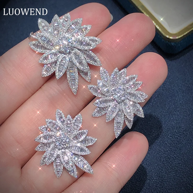 

LUOWEND 18K White Gold Earrings Luxury Shiny Design 2.84carat Stud Earrings Real Natural Diamond Earring and Necklace for Women