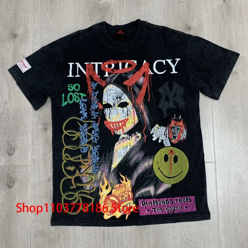 

Lost Intricacy Lavender T-shirt High Street Funny Portrait Graffiti Print Retro Short Sleeve Men's Women's Loose Top Tee