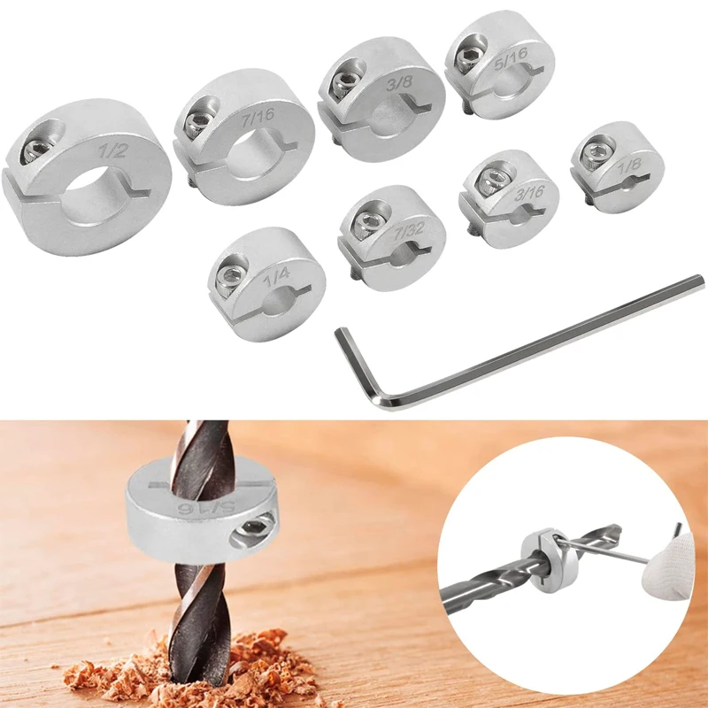 

Aluminum Stop Collar Set Drill Bit Depth Stop Superior Split Ring Design - (1/2", 7/16”, 3/8”, 5/16”, ¼”, 7/32”, 3/16”, 1/8" )