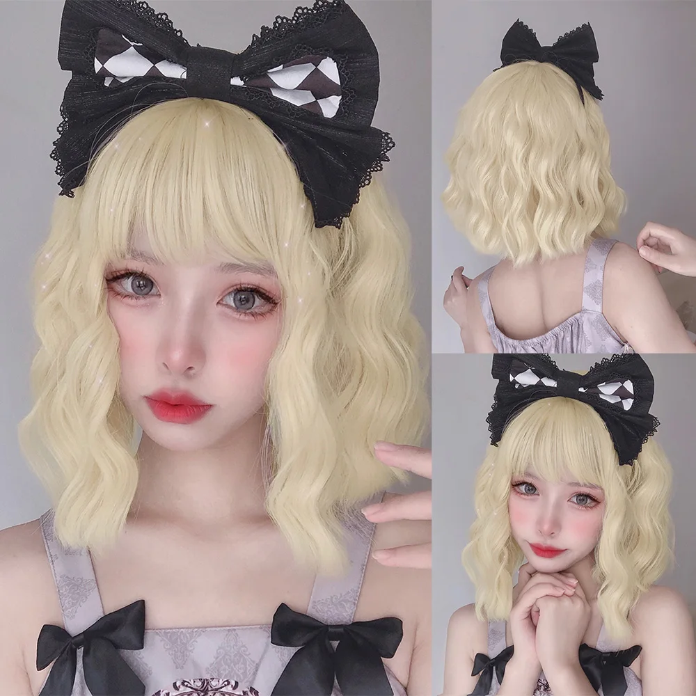 12Inch Blonde Lolita Synthetic Wigs With Bang Short Natural Wavy Hair Wig For Women Daily Use Cosplay Drag Party Heat Resistant