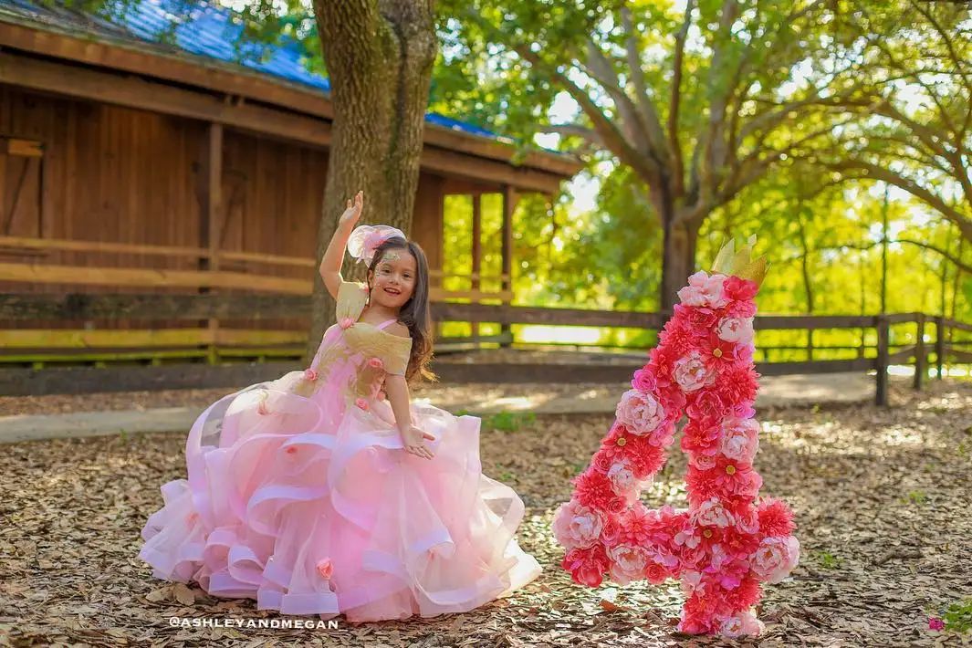 FATAPAESE Customized Pink Flower Girl Birthday Dress Barbie Embroidered with Three Dimensional Petals Gown Lace Up Ball Dresses