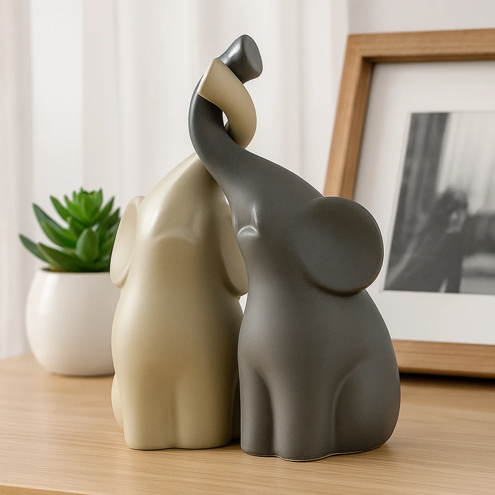 

Nordic Ceramic Elephant Couple Statue Set Grey Beige Minimalist Home Decor Figurines Romantic Wedding Anniversary Gift