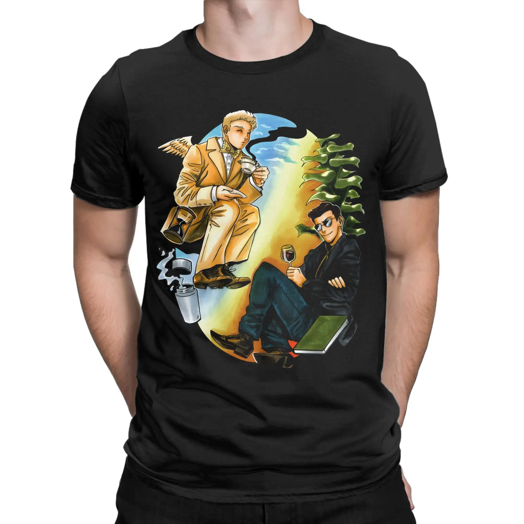 Camiseta Good Omens Angels Demons para homens e mulheres, camiseta engraçada 100% algodão, gola redonda, manga curta, roupas plus size