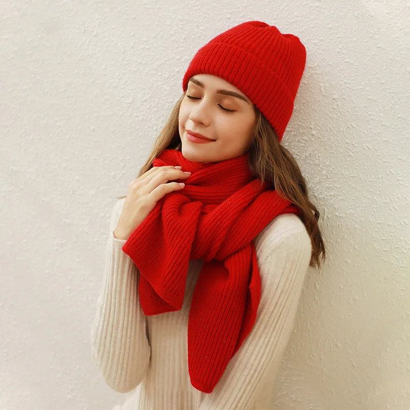 

Pure Color Rib Knit Scarf & Hat Sets Female Imitation Cashmere Warm Long Muffler Winter Round Top Woolen Yarn Cap Scarves Women