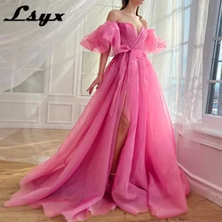 LSYX Off Shoulder Sweetheart Evening Dresses For Women High Slit A-line Short Sleeves Lace-up Back Sweep Train Prom Gown