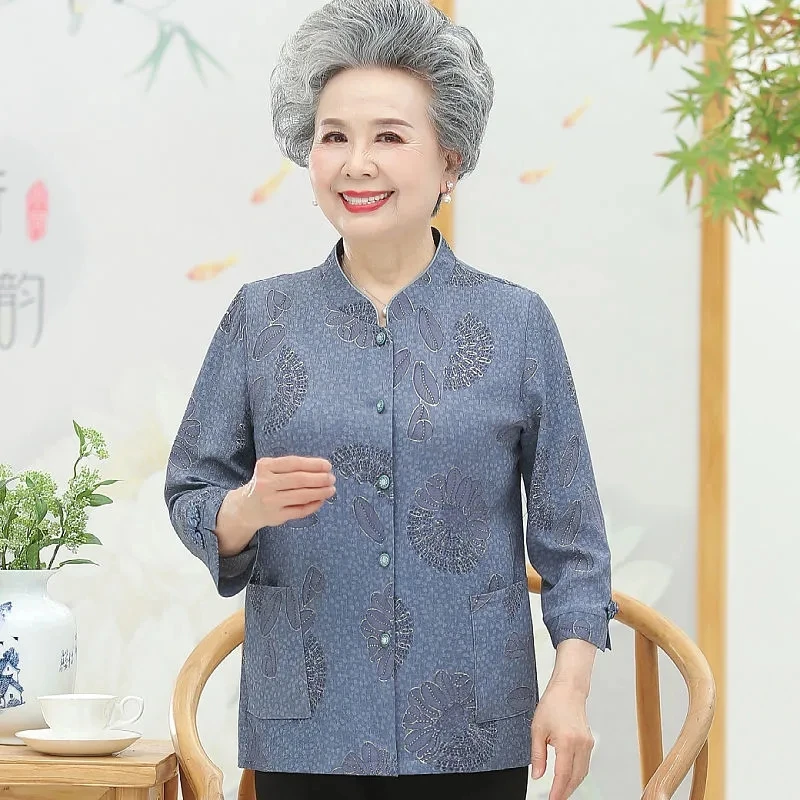 XL-5XL Elderly Women Blouse Spring Autumn Three Quarter Sleeves Print Shirts Casual Female Cardigan Tops Grandmother Blusa W178