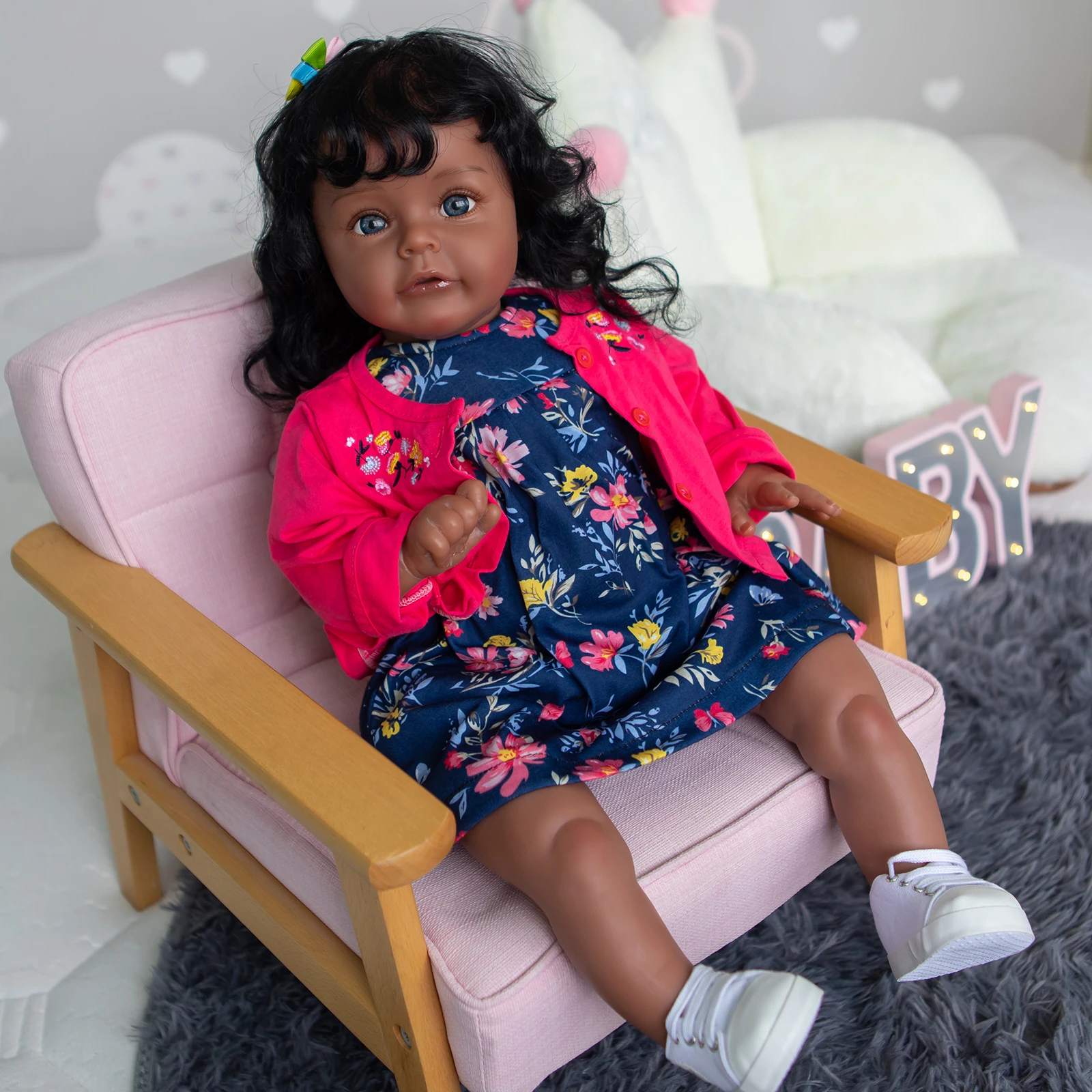 

24inch Already Finished Reborn Baby Doll Maddie Girl Reborn Toddler Real Baby Size Black Skin Detail Painted Collectible Doll