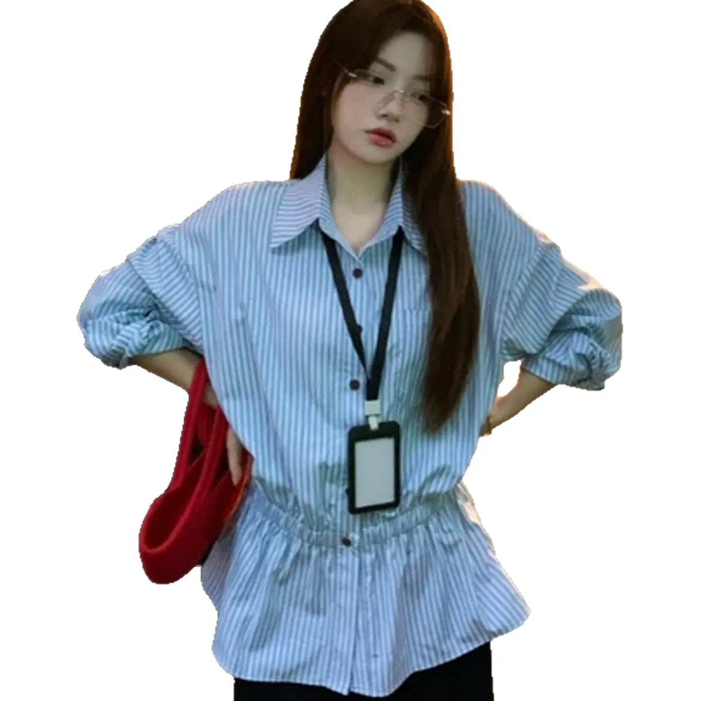 Women Shirts Striped Turn Down Collar Single Breasted Pocket Button High Waisted Mid Length Loose Casual Office Lady 2025 Autumn