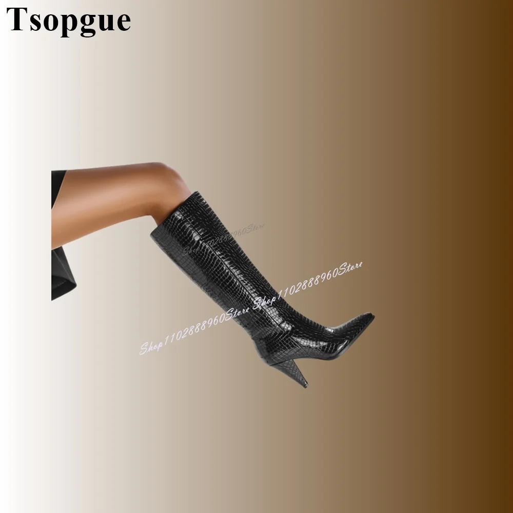 Western Knee High Black Snake Skin Leather Boots Cone Heel Women Shoes Slip-On Pointed Toe 2024 Fashionable Zapatos Para Mujere