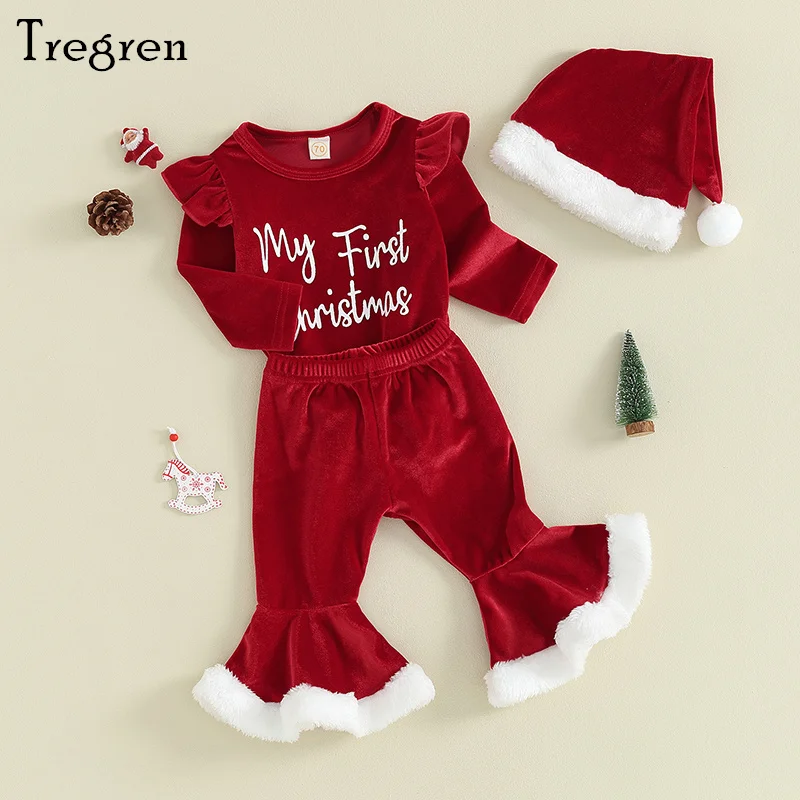 

Tregren 0-18M Infant Baby Girl Christmas Outfits Letter Print Long Sleeve Romper + Flare Pants + Hat 3pcs Set Toddler Clothes