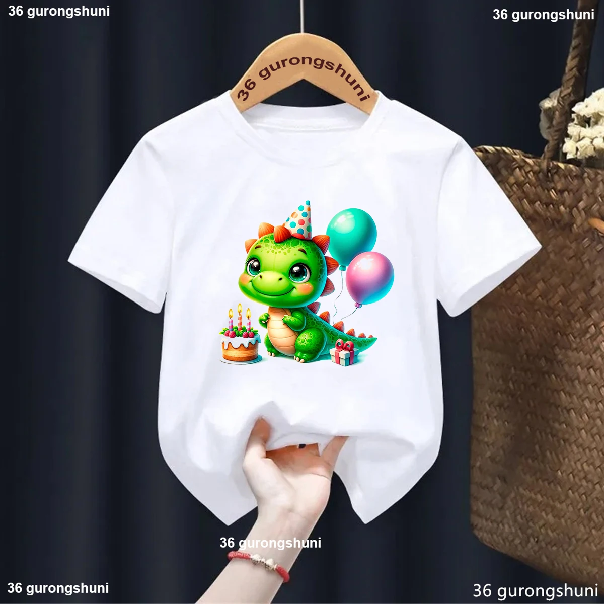 Dinosaur Balloon Print Birthday T-Shirt Boys Birthday Party Outfit Clothes Kids Gift Fashion Kids Tshirt Cute Boys/Girls Clothes