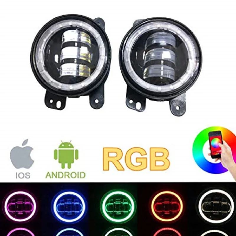 SXMA 4Inch Round LED Fog Lights Color RGB Halo Ring DRL LED Fog Lamps Front Bumper Light Bluetooth Control for Jeep Wrangler JK