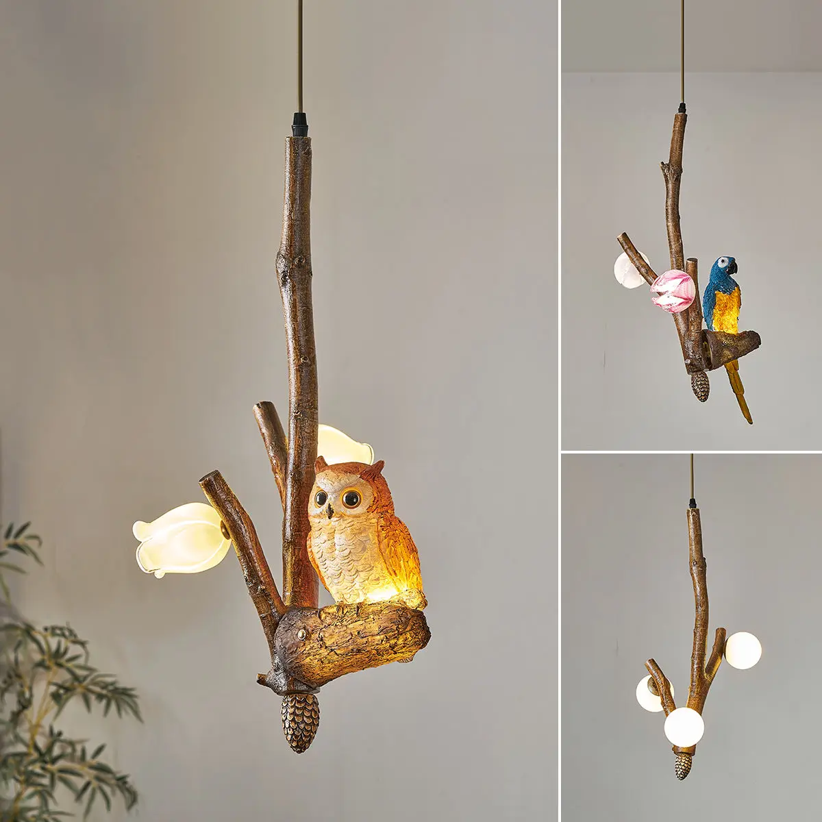 Tree branch animal pendant lamp, American retro industrial style countryside decorative lighting fixture