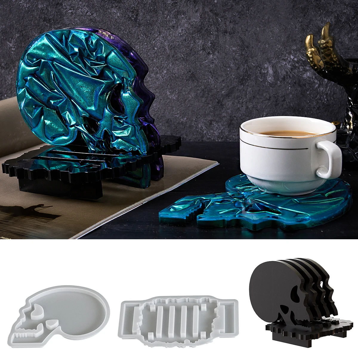 Halloween Untersetzer Lagerung Rack Set Silikon Form DIY Schädel Tablett Gips Beton Zement UV Epoxidharz Gießen Form Party Decor