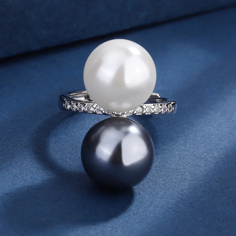 

European and American popular retro black and white yin-yang double bead ring, elegant jewelry, vintage ring 12mm