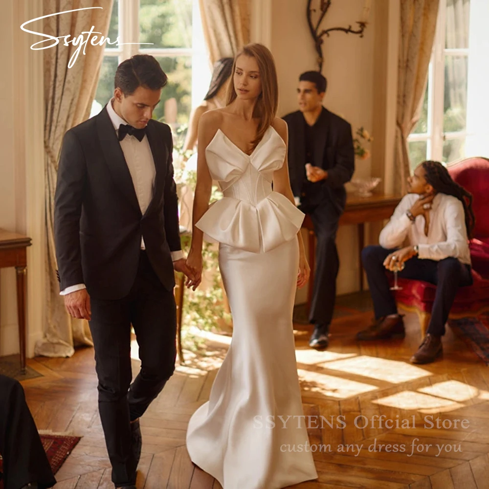 

SSYTENS Sexy Soft Satin Sheath/Mermaid Wedding Dresses Customized Long Bridal Gown for Bride Pleat Sleeveless Vestido De Noival