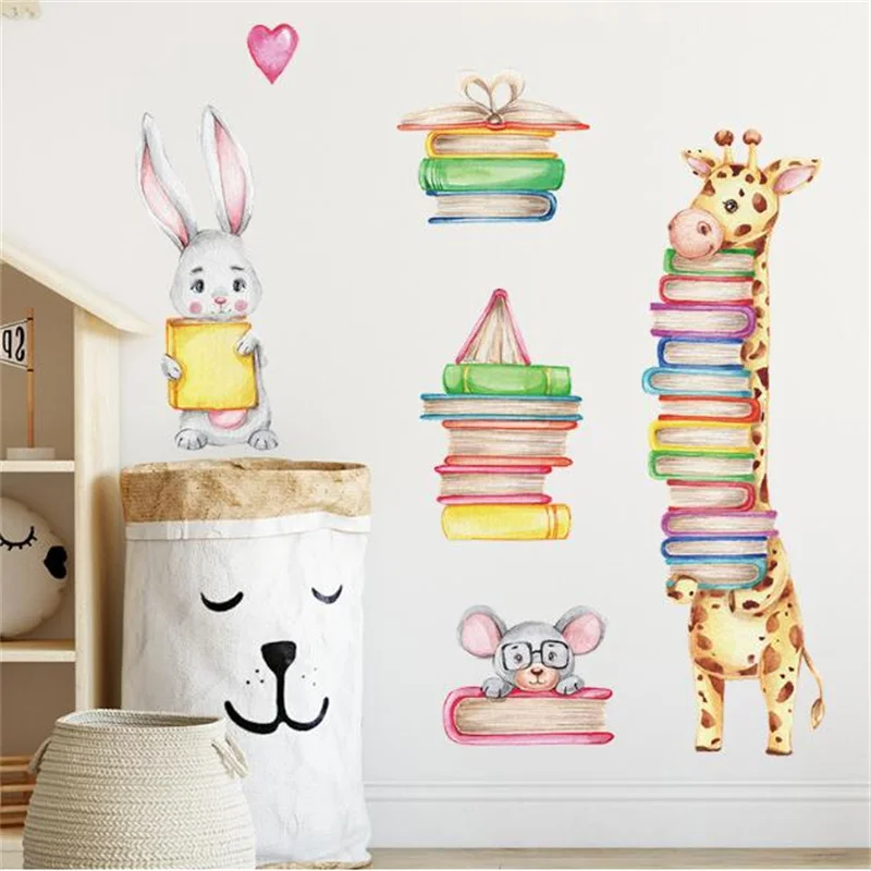 Giraffe Kaninchen mit Buch Wandaufkleber Kinderzimmer Dekor Kinder Lesezimmer Dekoration Student Bibliothek Aufkleber Klassenzimmer Wandbild Poster – Detail 7