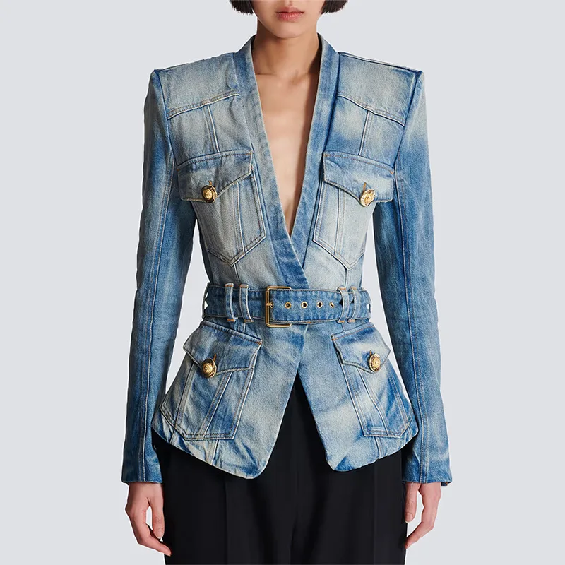 

Autumn New Fashionable Temperament Commuting Slim Fit Belt Socialite Women's Cardigan Long Sleeved V-Neck Denim Suit