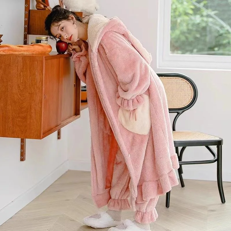 

Cute Pink Plush Nightgown Pants Female Autumn Winter Sweet Kawaii Coral Fleece Thicken Homewear Warm Bathrobe for Students Suit