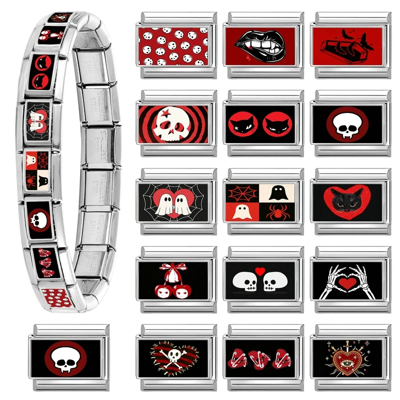Neue Mode Halloween Schwarz-Rot Charm-Armband Italienische Charm-Glieder Passend für 9mm Armband Edelstahl DIY Schmuck Großhandel – Detail 3