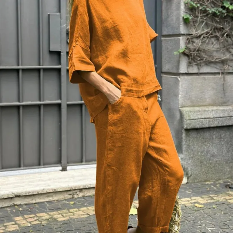 

Fashion Cotton Linen Short-sleeved O Neck Trousers Women Suit Spring Summer New Loose Pocket Shirt Trousers Female 2 Piece Set