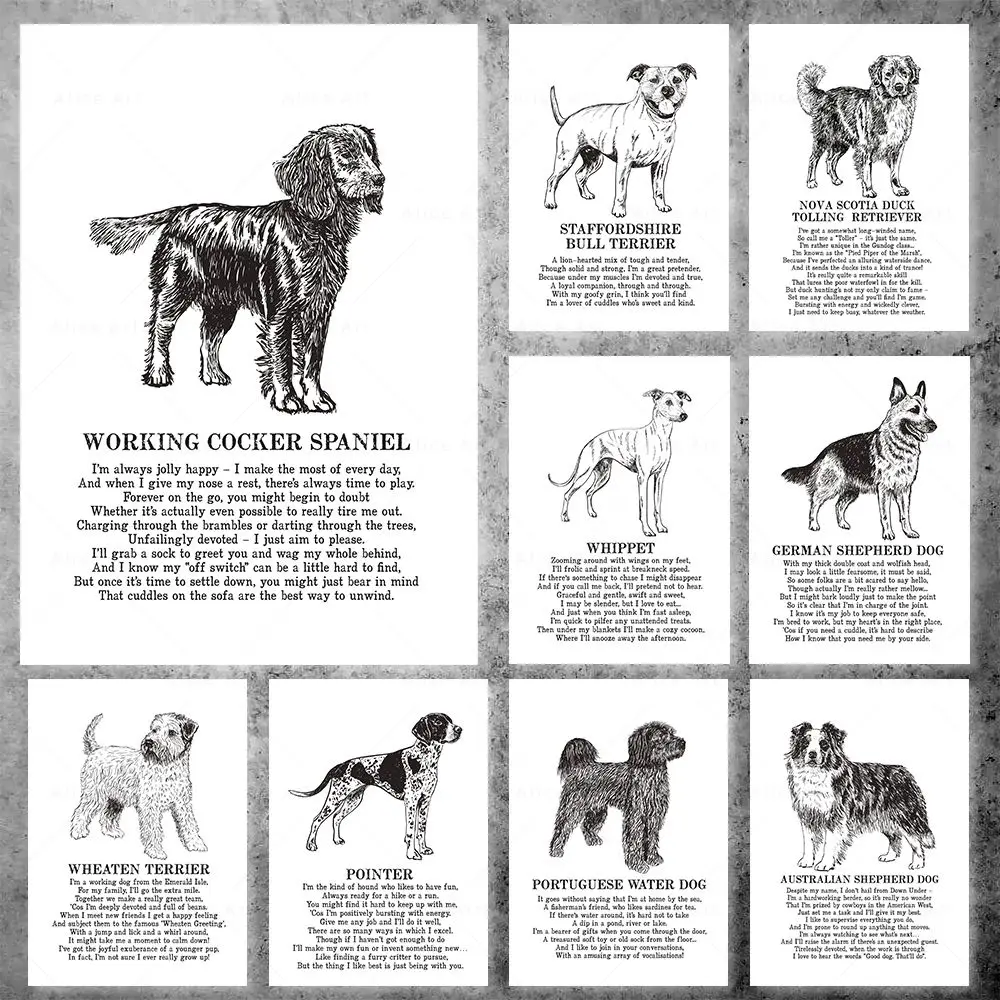 Black And White Sketch Dog Poem Quote Wall Art Canvas Painting Nordic Posters and Prints Wall Picture for Living Room Home Decor